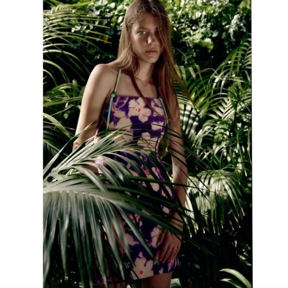 ZARA FLORAL LINEN BLEND PURPLE DRESS SIZE M - Picture 2 of 6